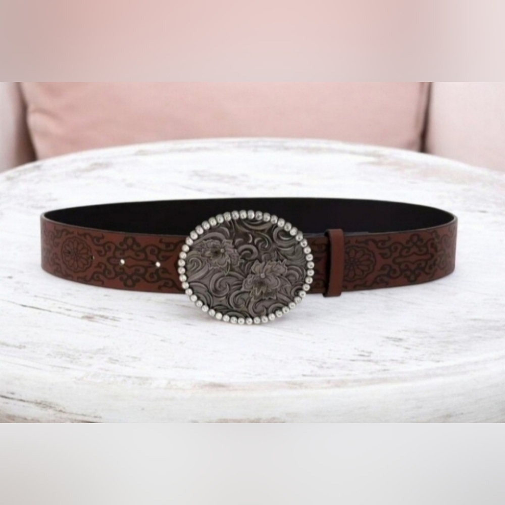 Womens Accessories Rhinestone Oval Floral Real Leather Cowboy Belt - Picture 3 of 9